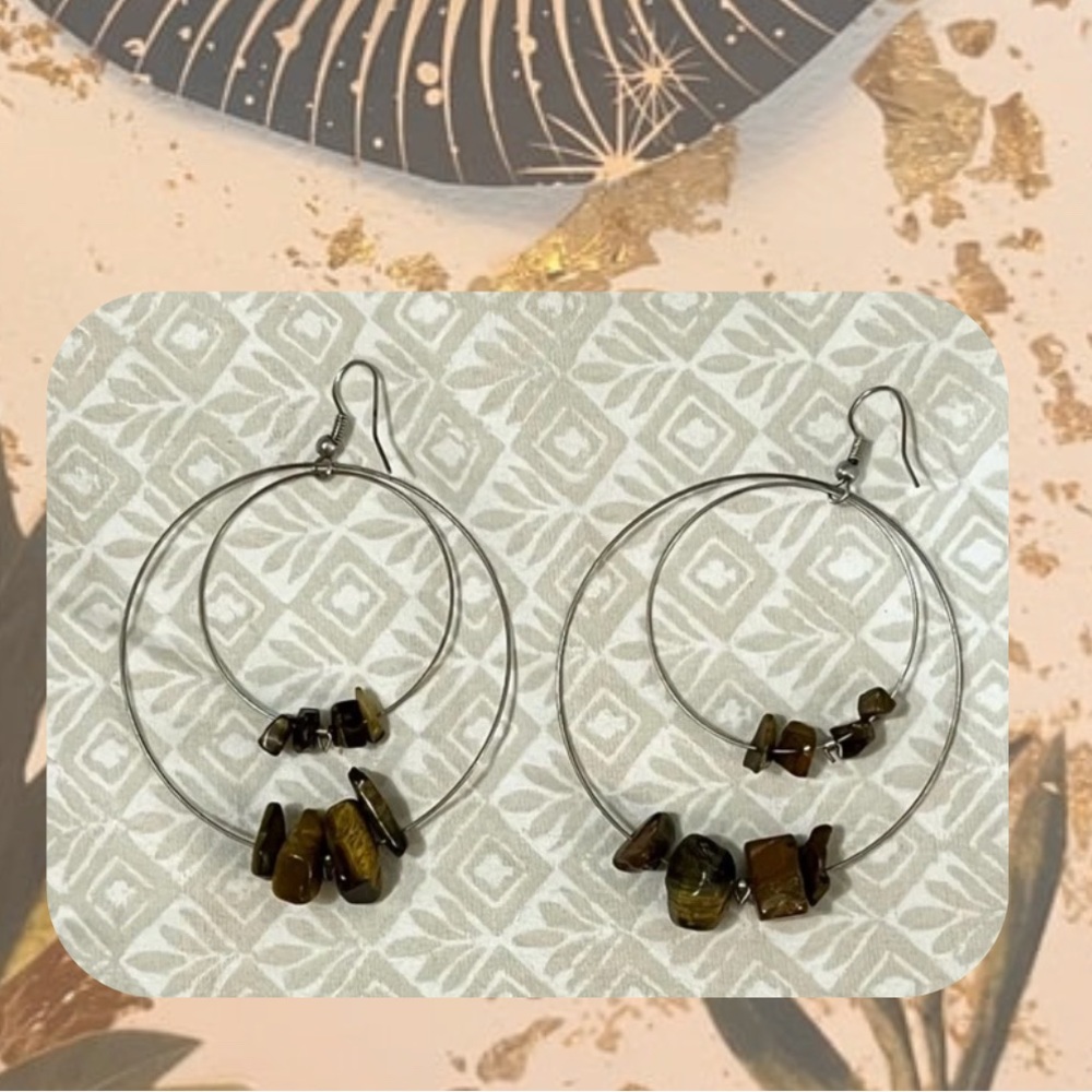 south african handmade double silver hoop earrings with brown gem stones